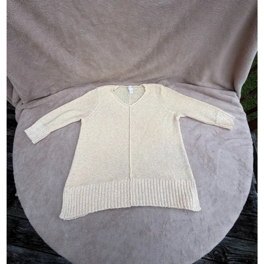 Chico's Cream V-Neck Open-Knit 3/4 Sleeve Sweater - Size 2 / L